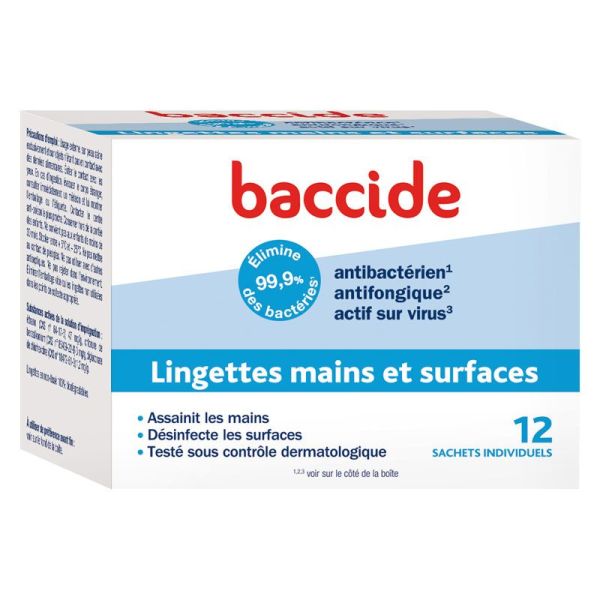 Baccide Lingettes désinfectantes mains & surfaces (12 sachets individuels)