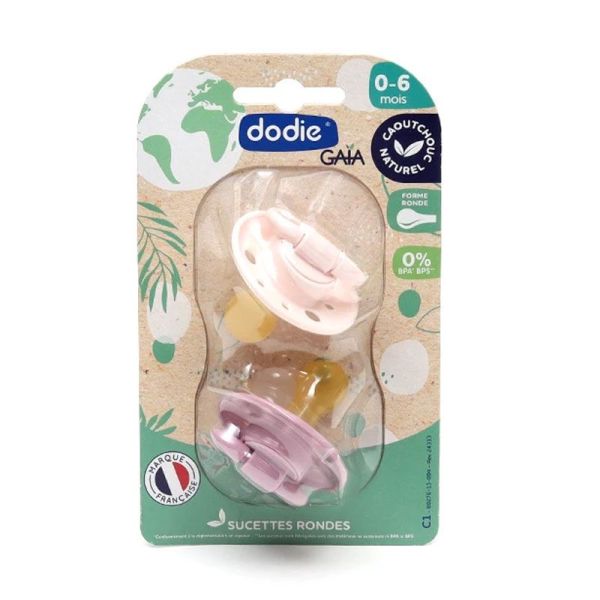 Dodie Sucettes Gaïa à bout rond en caoutchouc naturel 0-6 mois Rose pastel /Violet (lot de 2)