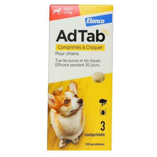 Elanco Adtab 225 mg Lotilaner Antiparasitaire pour Chiens 5.5-11Kg 3 comprimés