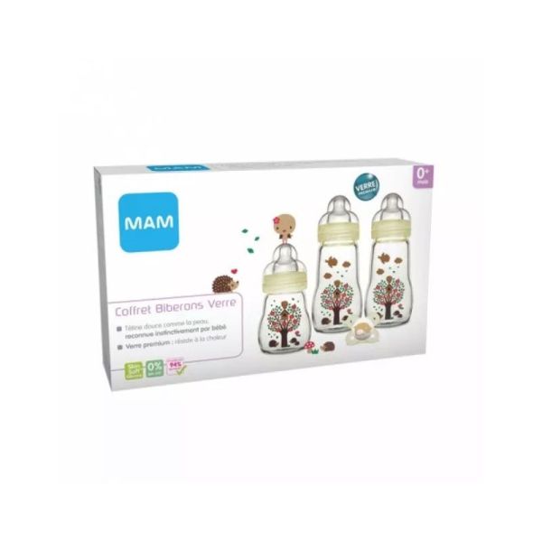 MAM Coffret de Naissance 3 Biberons en Verre + Tétine Hérissons