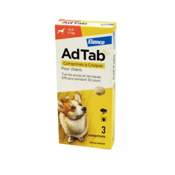 Elanco Adtab 225 mg Lotilaner Antiparasitaire pour Chiens 5.5-11Kg 3 comprimés