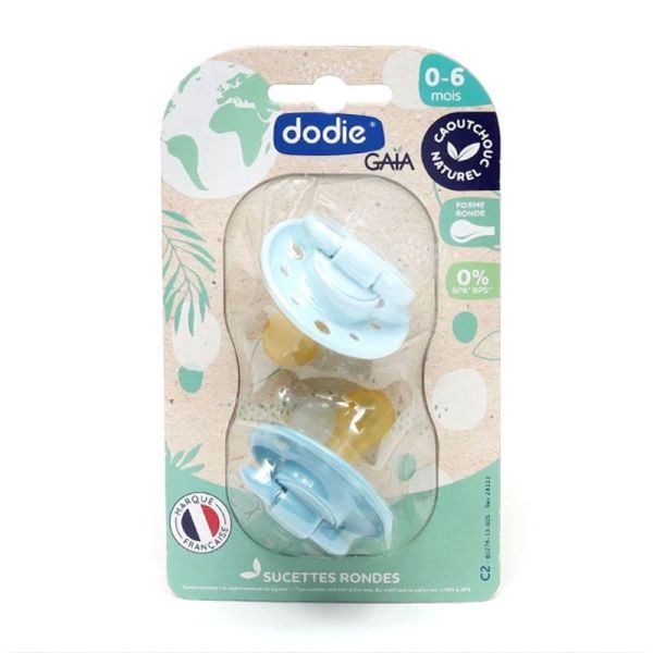 Dodie Sucettes Gaïa à bout rond en caoutchouc naturel 0-6 mois Bleu/Bleu Pastel (lot de 2)