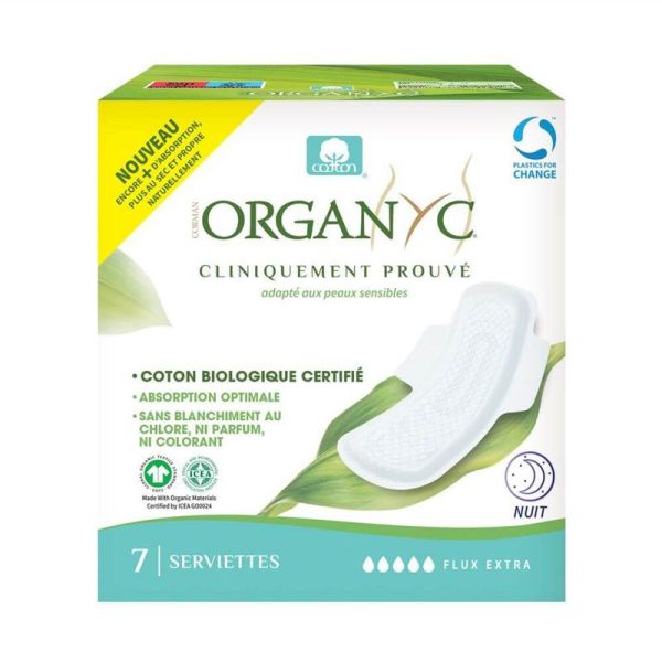 Organyc Serviettes Nuit en Coton Bio Flux Maxi (x7)