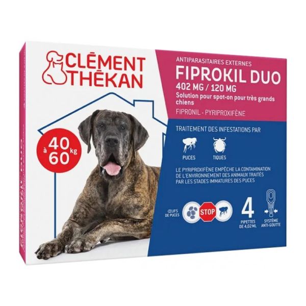 Clément Thékan Fiprokil Duo Chiens 40-60 kg (402 mg / 120 mg - 4 Pipettes)