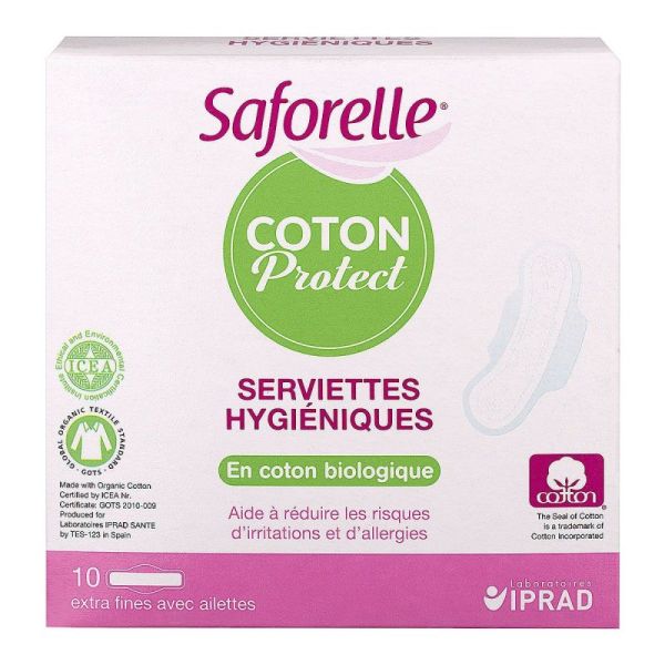 Saforelle Coton Protect Serviettes Hygiéniques en Coton Biologique x10