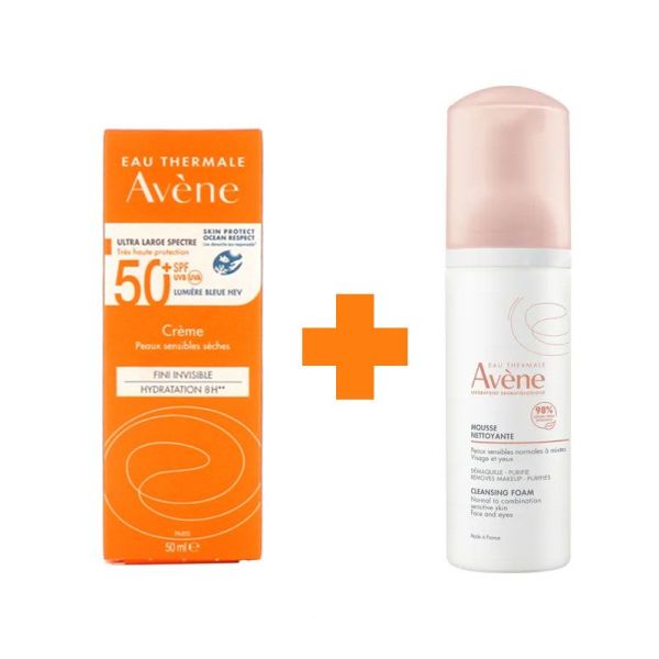 Avene Crème solaire SPF 50+ (50mL) + Mousse nettoyante (50mL)