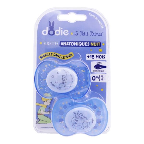 Dodie Sucette Anatomique en Silicone 18+ mois Le Petit Prince Nuit (lot de 2)